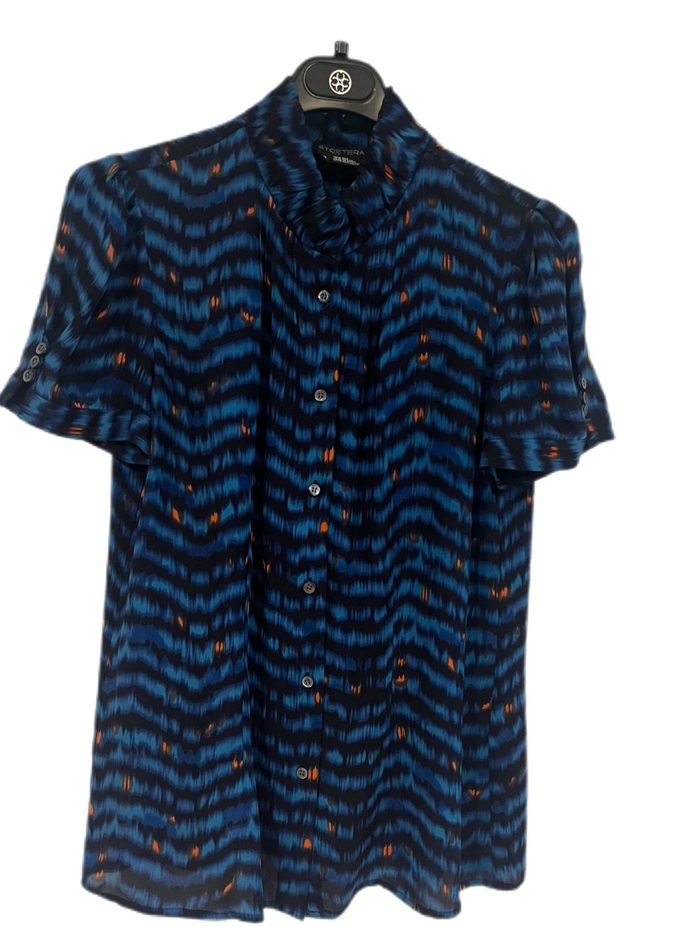 Etcetera Blue, Black and Abstract Herringbone Print Silk Shor-Sleeve Blouse